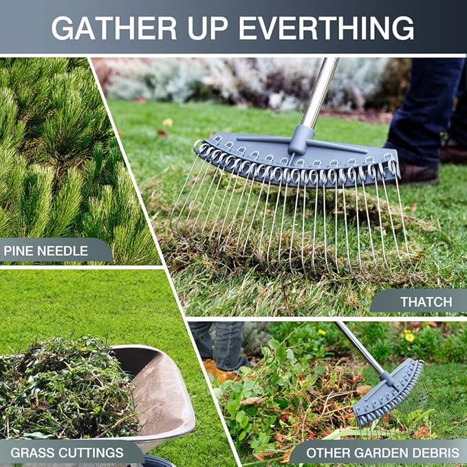 Colwelt Thatch Rake -24 Steel Tines, Dethatching Rakes with 54’’ Lightweight Stainless Steel Handle, Yard Dethatcher Rakes for Lawn(Pine Needles, Dead Grass, Thatch, Leaves, Mulch)