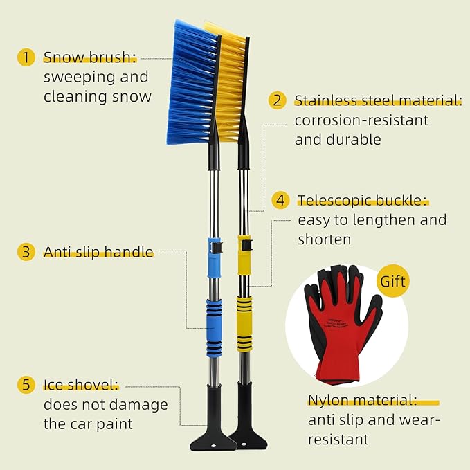 Telescoping Car Snow Brush & Ice Scraper - Detachable Handle, Extra Wide Bristles, Foam Grip - Portable Vehicle Snow Tool