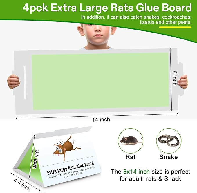 Qualirey 4 Pack Sticky Mouse Traps 8 x 14 Large Sticky Rat & Mouse Glue Boards for Inside Outside, Pre Scented Non Toxic Adhesive Traps with Enhanced Stickiness for Rat Mice Snake, Pet Safe