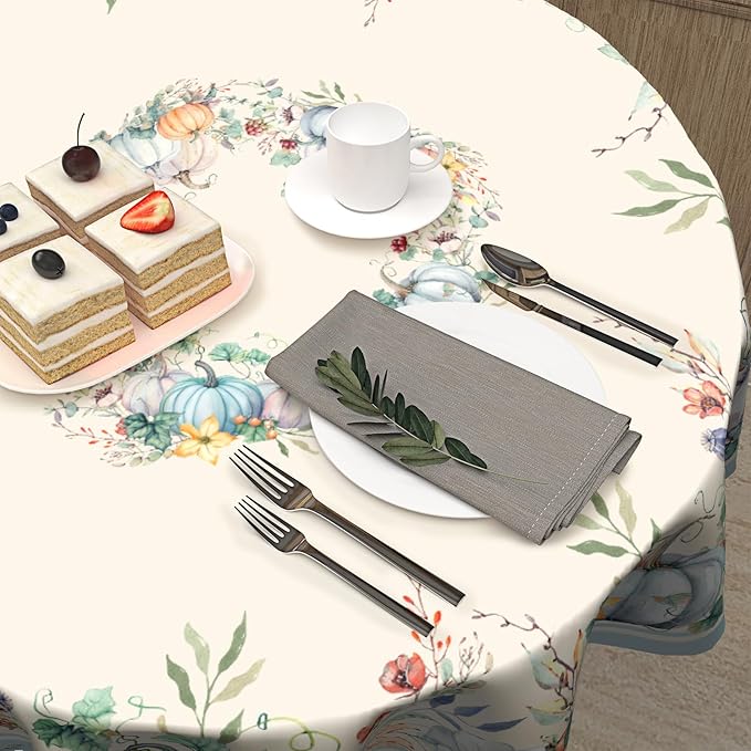 Pumpkin Leaves Round Tablecloth 60 Inch, Fall Autumn Thanksgiving Harvest Table Cloth Washable Table Cover for Dinner Kitchen Holiday Picnic Party Garden Decoration