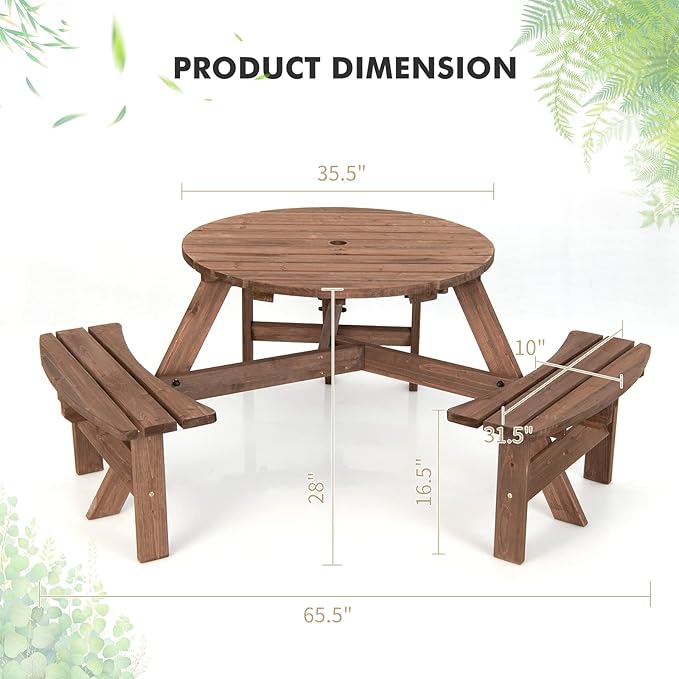 Tangkula 6 Person Wood Picnic Table, Outdoor Round Picnic Table with 3 Built-in Benches, Umbrella Hole, Outside Table and Bench Set for Garden, Backyard, Porch, Patio, 500lbs Capacity Per Bench