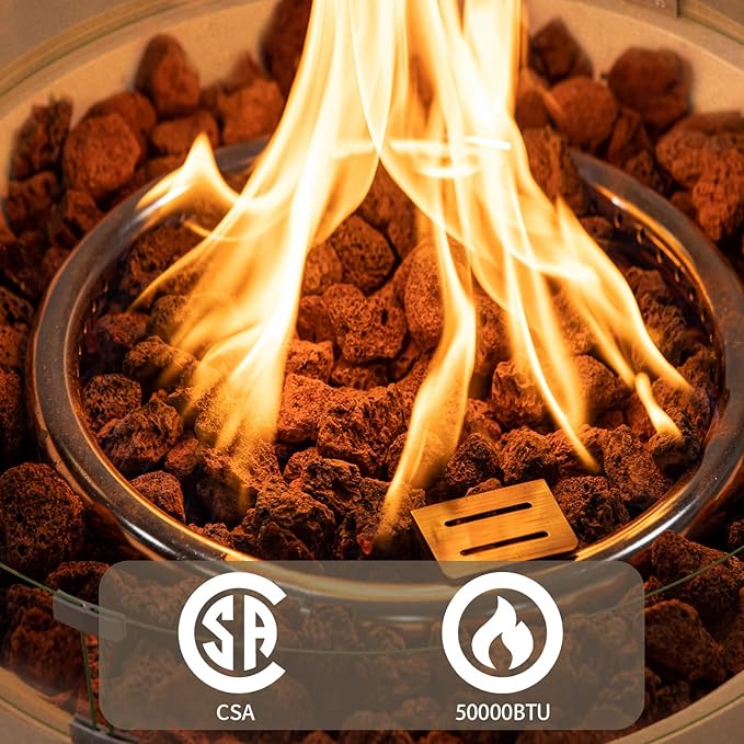 SUNBURY Outdoor Propane Fire Pit, Circular Gray Patio Fire Table 50,000 BTU w 20 Gallon Tank Cover, Glass Wind Guard, Waterproof Cover