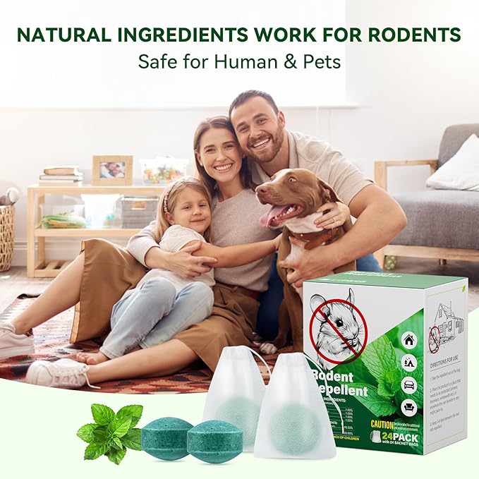 24 Pack Peppermint Mouse Repellent, Effective Against Mice, Rats and Pests, Safe for Pets and Families, Indoor and Outdoor Use