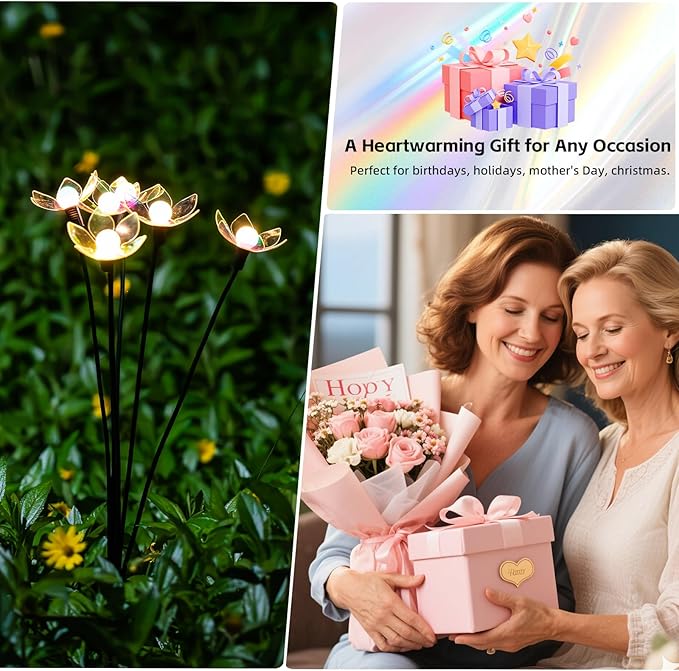 Solar Lights Outdoor, Solar Firefly Swaying Light with Flower, Garden Decor Lights, IP65 Waterproof, 2 Lighting Modes, Yard Patio Pathway Decoration, Gifts for Women, Grandma (4Pack 24LED)