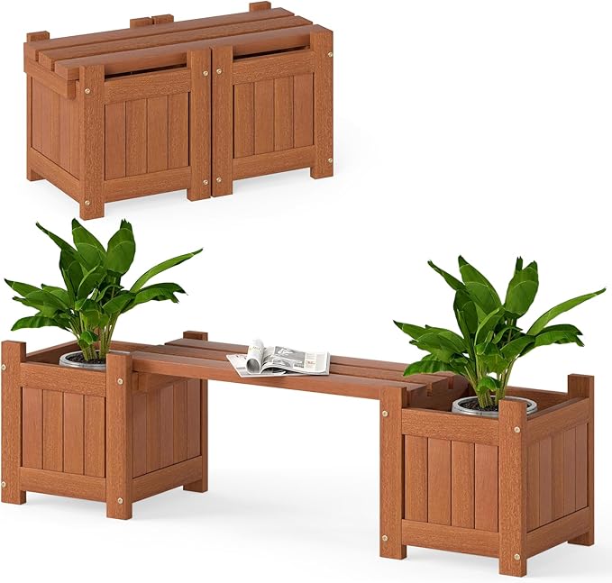 Giantex 2-in-1 Outdoor Bench with 2 Raised Garden Beds, Wood with Teak Oil Finish, Planter Boxes with Open-Ended Base, Garden Bench Seat for Porch Balcony Lawn Yard, DIY Assembly, 42"x11"x11.5"