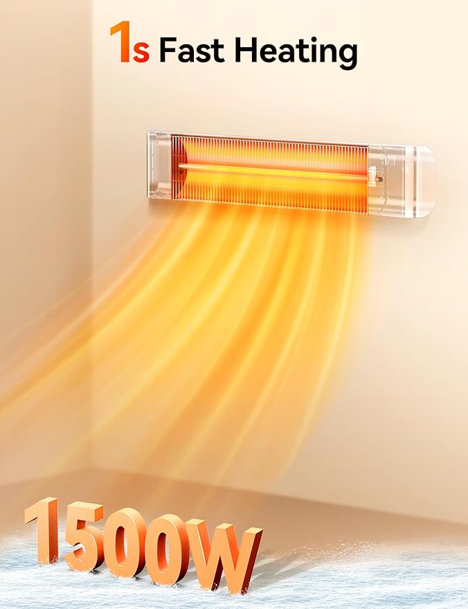 VAGKRI Outdoor Heaters, 1s Heating 1500W Infrared Patio Heater with Remote, 3 Heat Settings, 12H Timer, IP65 Waterproof, Wall Mount/Tripod Stand Electric Heater for Patio, Garage, Garden & Indoor Use