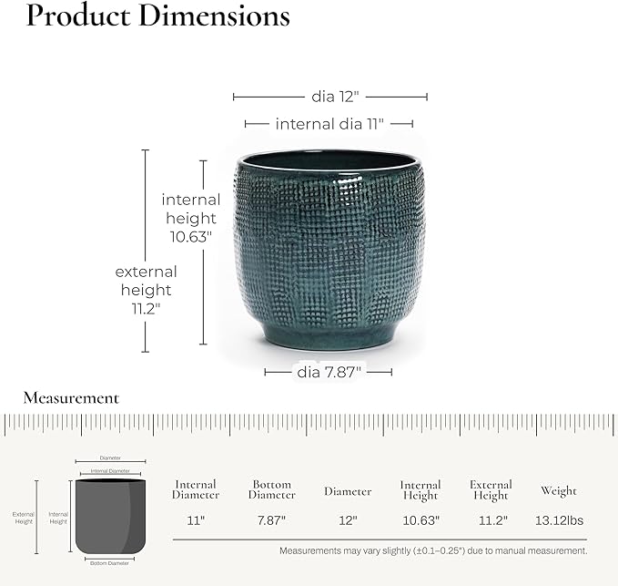 LuxenHome 12" Dia Large Ceramic Pots for Plants, Modern Green Glazed Planters for Outdoor Plants, Round Indoor Flower Pots with Drainage Hole and Rubber Plug for Home Garden Patio