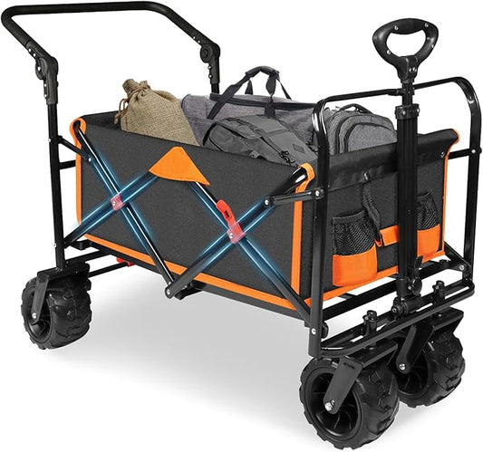Taifa Foldable Collapsible Wagon Cart with Extra Push Pull Handle, Heavy Duty Portable Folding Beach Utility Grocery Wagon Cart with Big Wheels and Brakes for Sand, Camping, Shopping, Black and Orange