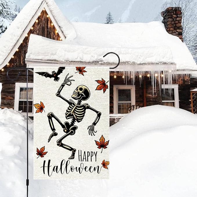 Halloween Garden Flags For Outside Decoration, Fall Garden Flag Funny Happy Skeleton Small Yard Flag For Outdoor Decor 12x18 Inch Vertical Double Sided