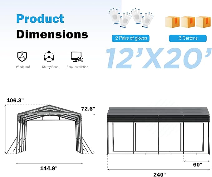Carport Canopy 12’X20’ Heavy Duty Car Port Galvanized Steel Roof, Reinforced Stable Triangle Frame for Snowy Windy Metal Carports Enhanced Base Car Tent for Car,RV,Pickup,Boat,Truck,Tractor