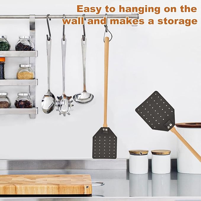 Heavy Duty Leather Fly Swatter, Long Handle Fly Swatter with Beech Wood Handle 19.7" Length, Flyswatter for Indoor and Outdoor (Black)