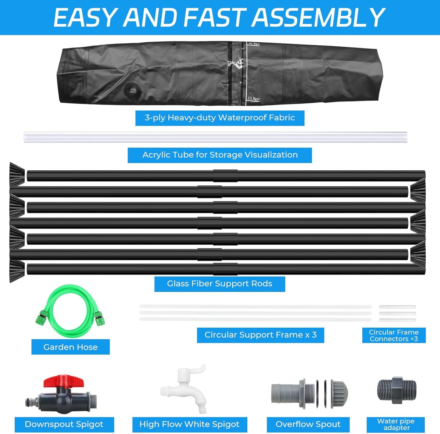 Rain Barrels to Collect Rainwater from Gutter - Rain Collection Barrel Water Barrel Rainwater Collection System Collapsible Rain Barrel Include Filter Two Spigots and Overflow Kit (100 Gallon, Black)