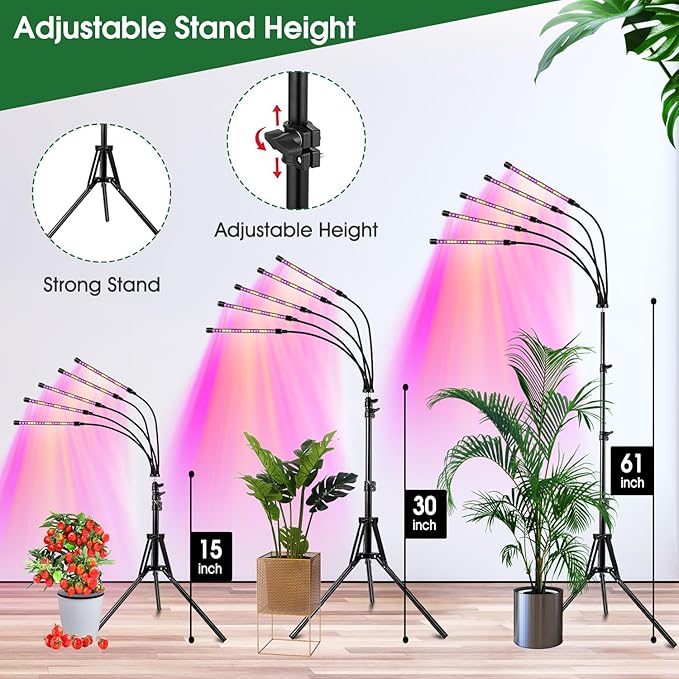 Wolezek Grow Lights for Indoor Plants, 2 Pack Full Spectrum Plant Light with Adjustable Stand, 5-Head LED Grow Light with Auto 6/12/16H Timer, 5 Brightness Levels, Ideal for Large & Tall Plants