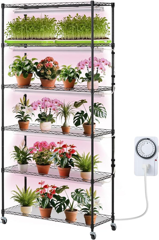 VEVOR Plant Stand with Grow Light, 6-Tier Large Tall Plant Shelf with 150W Full Spectrum Grow Light, Indoor LED Plant Light with Timer and Wheel for Seed Starting 35.4" L x 13.8" W x 70.9" H
