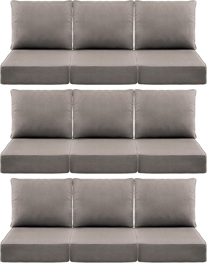 Luxury 6" Outdoor Cushions for Patio Furniture, 24x24x6 Thick Seat Cushion Set of 9, Fade Resistant Couch Chair Replacement Cushions High Density Deep Wicker Chair Cushion w/Removable Cover Gray