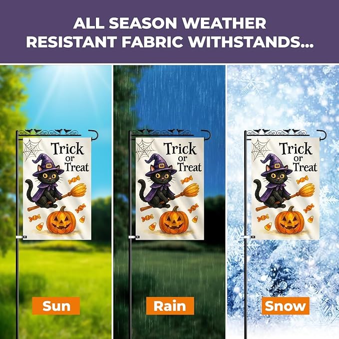 Halloween Garden Flag 12x18 – Trick or Treat Black Cat & Pumpkin with Broom Stick & Spiderweb – Double Sided Burlap Halloween Flags for Outside, Fits Garden Flag Poles