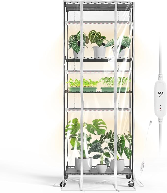 Indoor Greenhouse with Grow Light, Metal Plant Stand, 3 Pack T8 2FT Full Spectrum Plant Lights, Timer, Black, 23.5"x13.8"x59"