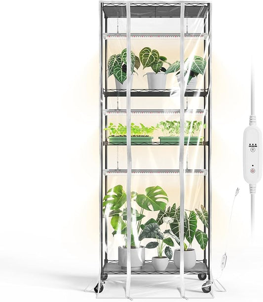 Indoor Greenhouse with Grow Light, Metal Plant Stand, 3 Pack T8 2FT Full Spectrum Plant Lights, Timer, Black, 23.5"x13.8"x59"