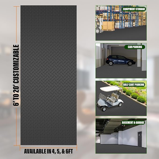 SEAL 5 x 10 Ft Premium Garage Floor Mat, Solid 2.8mm Thickened Black Commercial Grade Heavy Duty Parking Mat for Garage Floor, Golf Cart, Water/Stain Resistant Floor Runner (Embossed Diamond Plate)