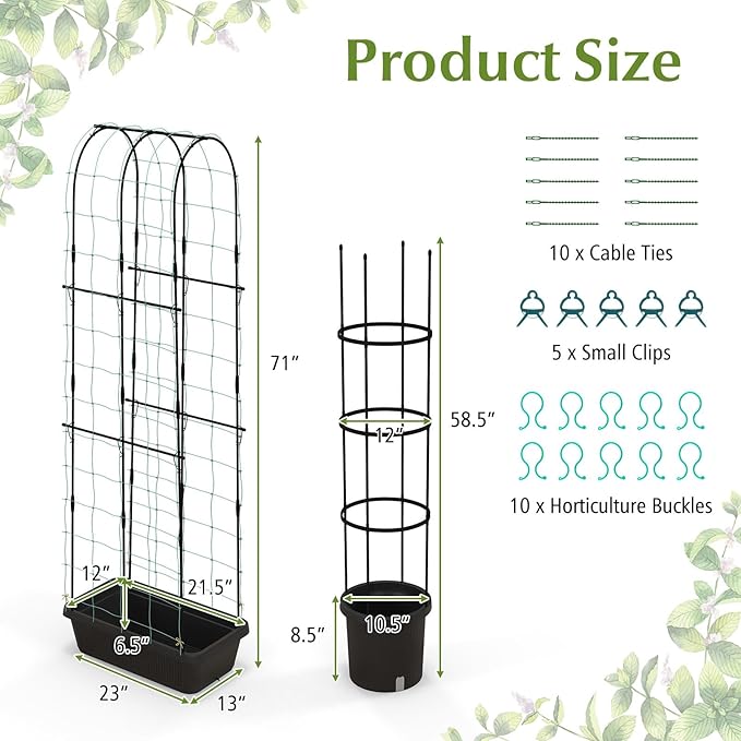 Happygrill 2 Pack Tomato Cage, Metal Garden Trellis w/Adjustable Height & Self-Watering System for Vines Potted Plants Vegetables, Tall Plant Support Tomato Trellis w/Planter Box