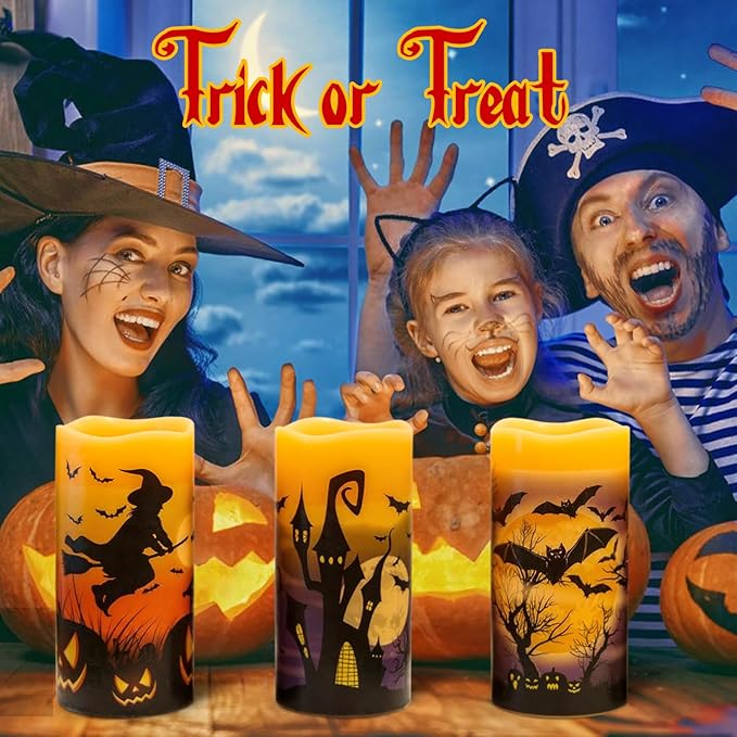 DRomance Rechargeable Halloween Flameless Candles Battery Operated with 6 Hour Timer Real Wax Flickering LED Pillar Candles Bats Witch Pumpkin Dinner Halloween Indoor Deocration(3 Pack, 3" D x 6" H)