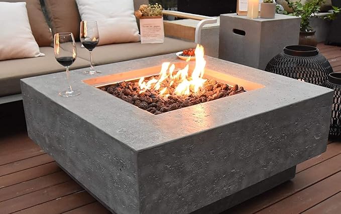 Elementi Manhattan Gas Fire Pit Cast Concrete Fire Table, Outdoor Fire Pit Electronic Ignition | Canvas Cover, Lava Rock Included | Free AMS Wind Guard | Light Gray (Natural Gas)