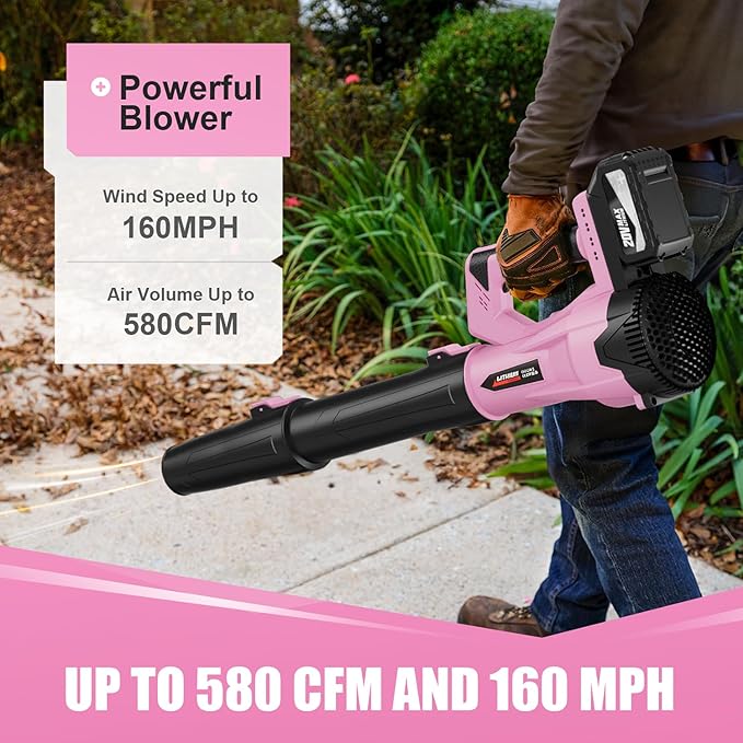 Leaf Blower Cordless, 21V Electric Leaf Blowers Lightweight Variable Speed Lithium Battery and Charger, Powered Lightweight Leaf Blower for Patio Lawn Care/Dusting Clearing/Leaf/Snow (Pink)
