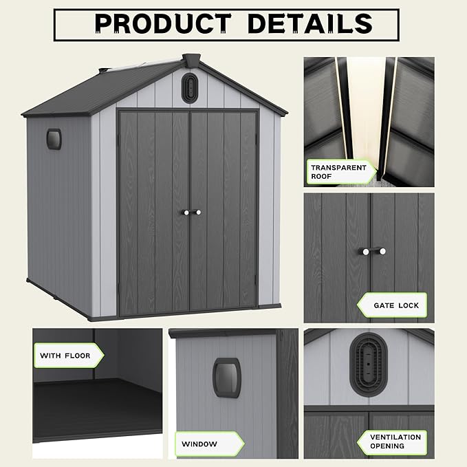 6x8 FT Outdoor Storage Shed with Hinge Door,Window & Air Vent,Outdoor Plastic Tool House W/Waterproof Tilted Roof,Heavy Duty Stroage Unit for Backyard,Patio,Lawn,Garden,Grey+Black
