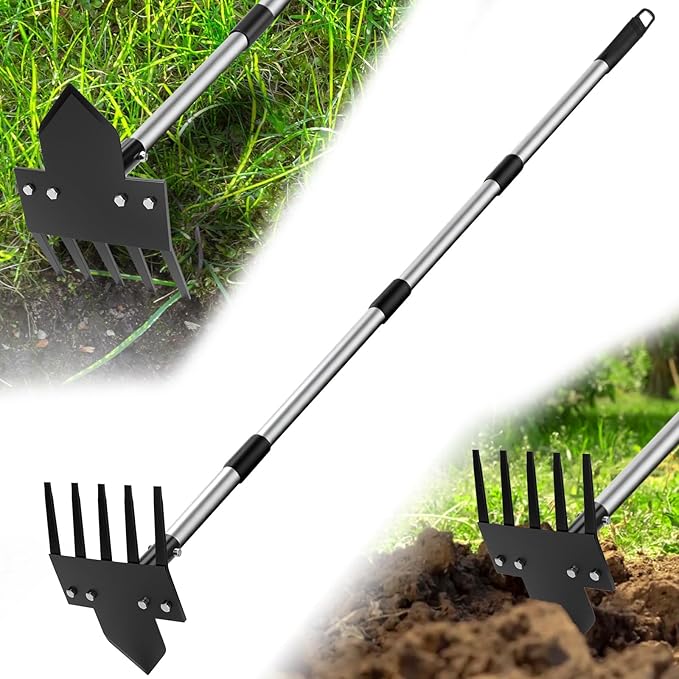2-in-1 Hoe Garden Tools, 17-58" Weed Puller Tool with Long Handle, Heavy Duty Handle Garden Hoe and Weed Rake, Hoes for Gardening Yards Lawns Gardens Weeding