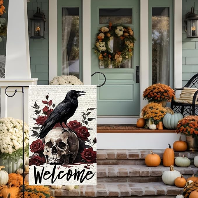 Halloween Welcome Skull Floral Rose Crow Garden Flag Double Sided Vertical, Rustic Farmhouse Yard Day Of The Dead Holiday Outdoor Decorative Flag 12.5 X 18.5 Inch