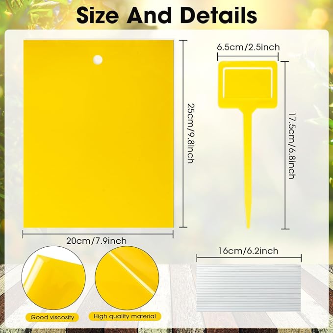 Qualirey 200 Pcs 7.87 x 9.84 Inches Yellow Sticky Traps for Plant Gnats Dual Sided Fruit Fly Sticky Traps for Indoors and Outdoors with Twist Ties and Plastic Holders for Plant Insect, Fungus Gnats