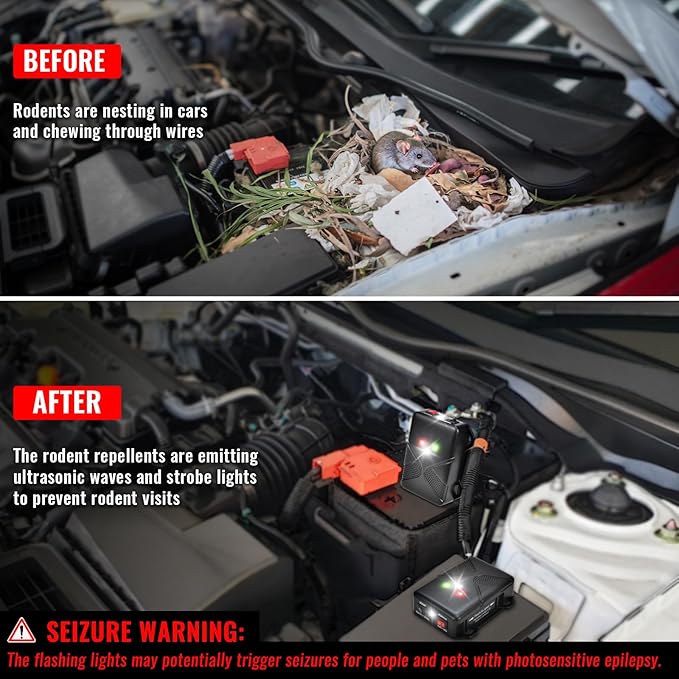 Under Hood Rodent Repeller Battery Operated Ultrasonic & Strobe Light Mouse and Rat Deterrent for Car Engines – Wireless Animal Repellent Device for Vehicle Pest Control