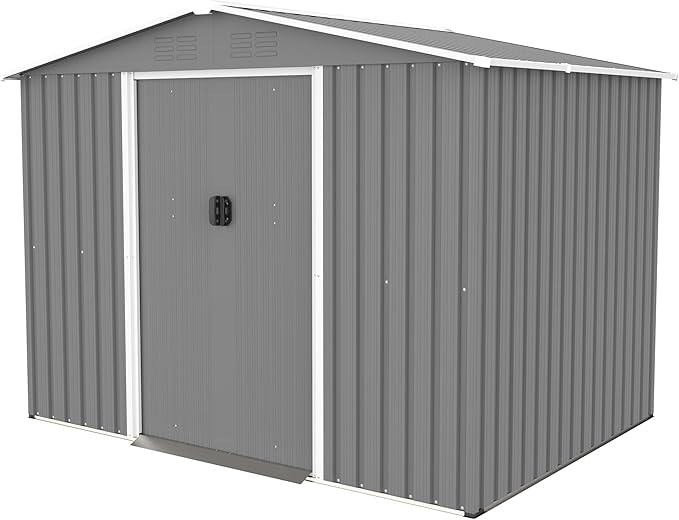 8X6 FT Outdoor Storage Shed with Roof,Waterproof House Tool Cabinet W/Metal Foundation & Lockable Doors,for Shovels,Umbrellas,Antennas,Escalators,Gray