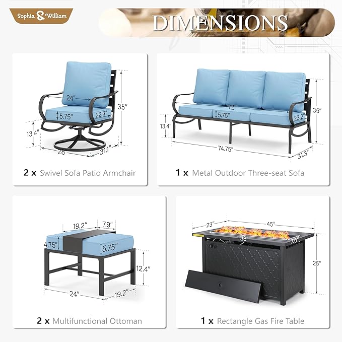 Sophia & William Patio Furniture Sets for 7 with 45" Gas Fire Pit Table Outdoor Conversation Sets 6 Pcs, 2 x Swivel Cushioned Sofa Chairs, 1x3-Seat Sofa, 2xOttomans for Backyard Poolside Blue