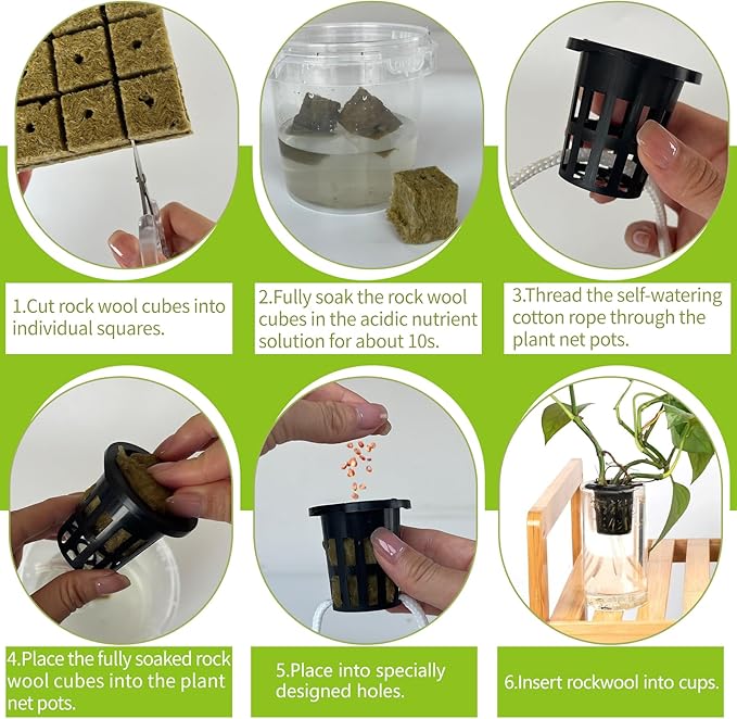 72 Pcs 1.2-Inch Rockwool Cubes with Net Cups and Self-Watering Cord for Hydroponics Great Hydroponic Kit for Cuttings Clone Plant Propagation Seed Starting Soilless Cultivation