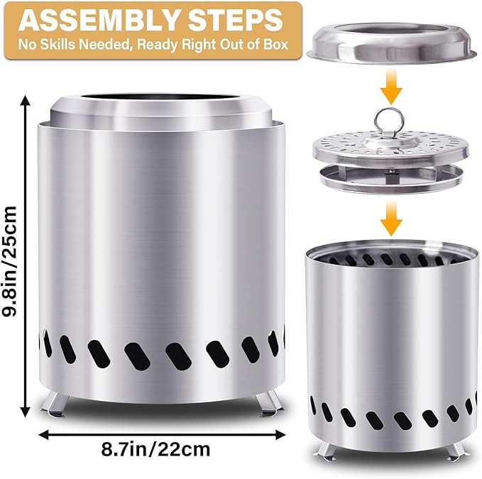 HGD Small Tabletop Fire Pit 9.8 x 8.7 in, Portable Mini Smokeless Table Top Firepit, Low Smoke Camping Stove for Outdoor & Patio, Fueled by Pellets or Wood, with Travel Bag, Stainless Steel, Silver