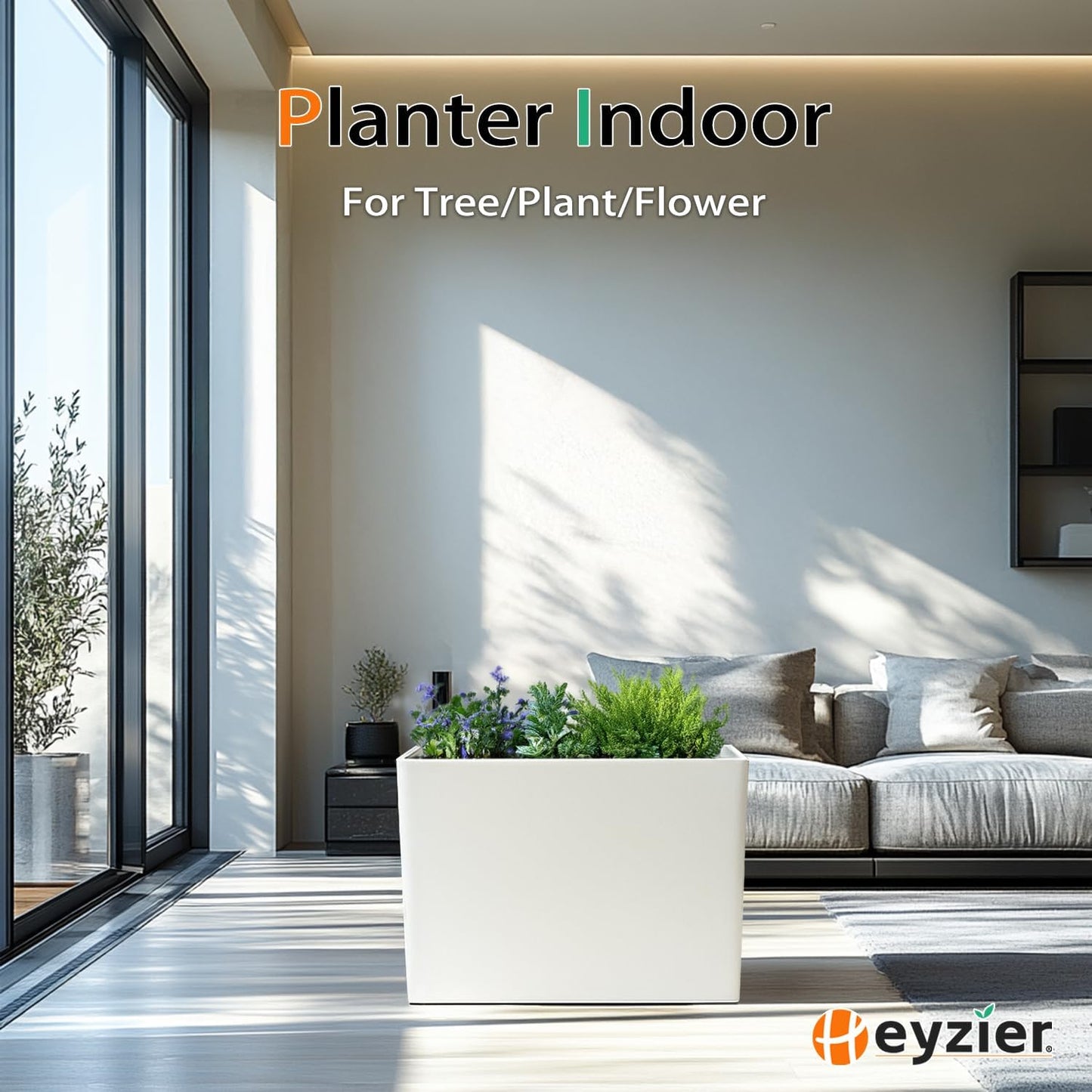 Rectangular Planter Box for Outdoor Plants, Large Tall Resin Flower Pots for Garden, Front Porch, Patio, Indoor (White, 25 x 21 inch)