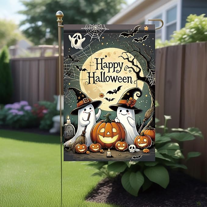 Halloween Garden Flag Funny Ghost Pumpkin Witch Hat Outdoor Yard Decoration Happy Halloween Banner 12x18 Inch Double Sided Holiday House Lawn Flag Vertical Seasonal Yard Sign Decor