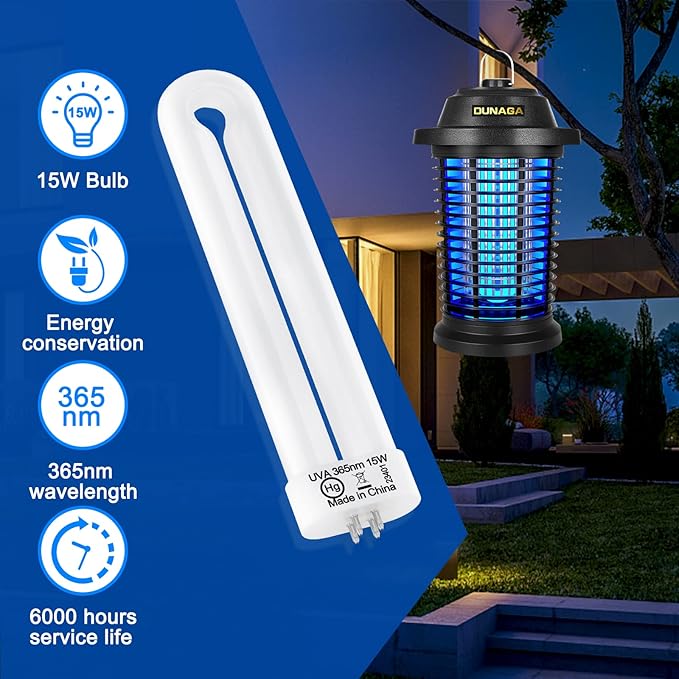 Replacement Bulb for T9, T6, K15 Bug Zapper, 15W, 4-Pin Base, U-Shaped Twin Tube Bulb