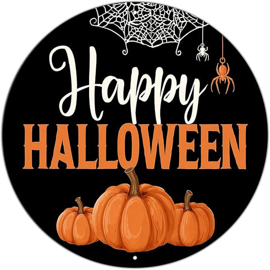 PEACHGARDEN Halloween Pumpkin Metal Tin Sign Vintage Pumpkin Decor Round Welcome Retro Wall Art Gothic Plaque Spooky Home Porch Decorations 8x8inch