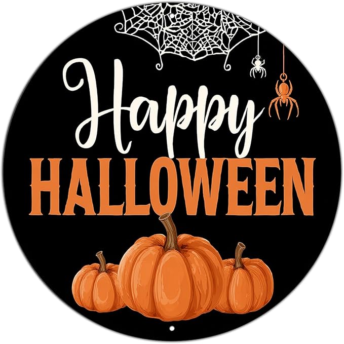 PEACHGARDEN Halloween Pumpkin Metal Tin Sign Vintage Pumpkin Decor Round Welcome Retro Wall Art Gothic Plaque Spooky Home Porch Decorations 12x12inch