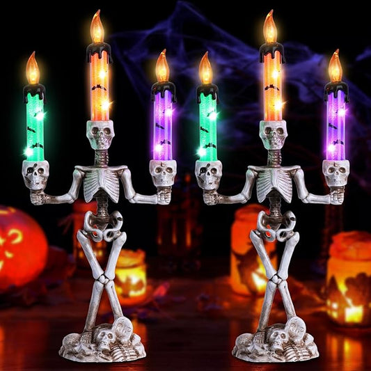 MEETYAMOR 2 Pcs Skull Halloween Candelabra Decorations Indoor, Halloween Candles Holder with LED Lights for Scary Haunted House Mansion Decor, Battery Operated Timer Candlesticks for Table Home Party