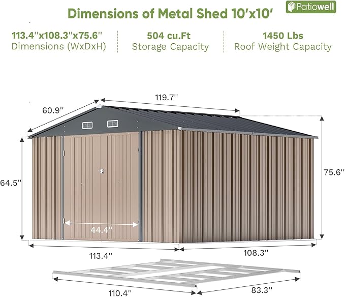 Patiowell 10 x 10 FT Outdoor Storage Shed with Floor Frame, Metal Yard Shed with Design of Lockable Doors, Utility and Tool Storage for Garden, Patio, Backyard, Outside use, Brown