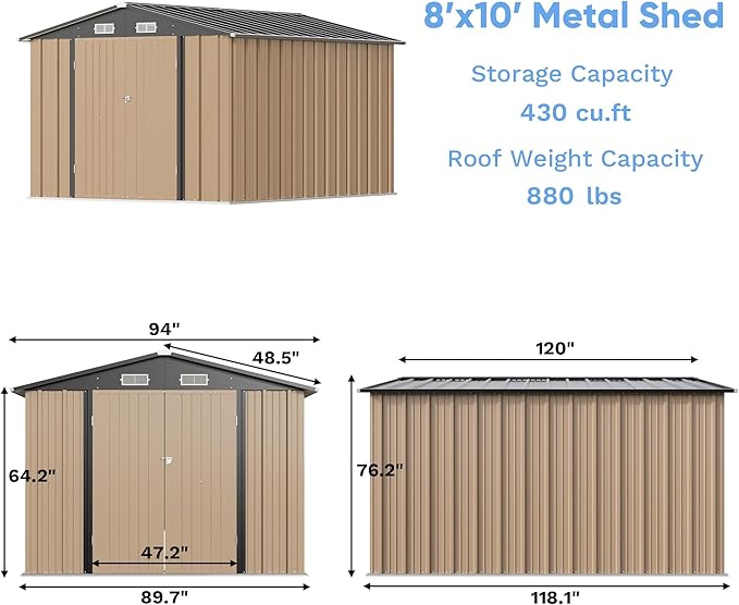 Greesum 8x10FT Outdoor Storage Shed, Metal Storaged Sheds with Lockable Doors, Sheds & Outdoor Storage for Bike, Backyard, Pool and Garden, Brown