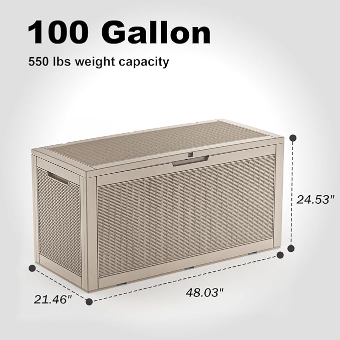 100 Gallon Outdoor Storage Box – Resin Deck Box with Lockable Lid, Waterproof Patio Furniture Storage for Tools, Garden & Yard Organization