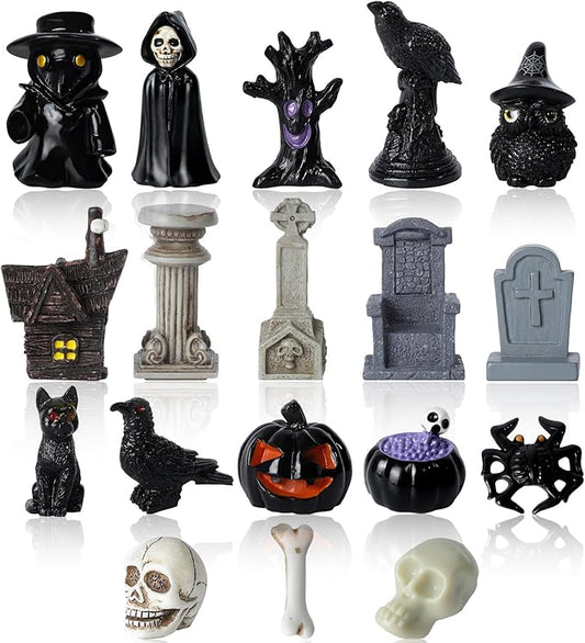 40Pcs Halloween Miniatures for Crafts Mini Figurines Skull Heads Resin Tombstones Skeleton Ornaments Halloween Fairy Garden Decor Horror Village Collections Dollhouse Accessories Decor ﻿