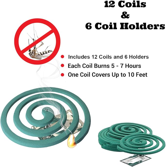 W4W Mosquito Repellent Coils - Outdoor Use Reaches Up to 10 feet - Each Burns for 5-7 Hours (Three Pack Contains 12 coils & 6 Stands)