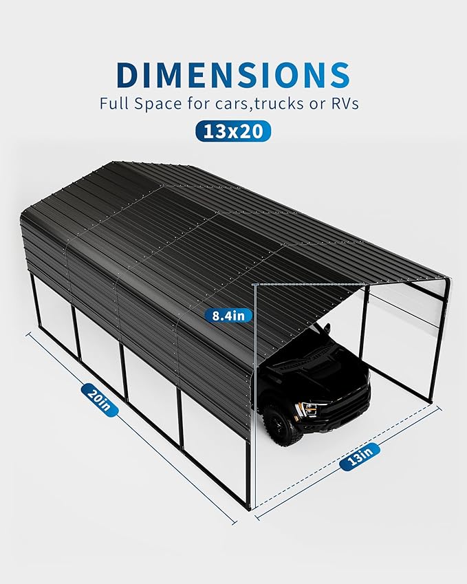 13' X 20' X 8.5' Heavy Duty Metal Carport with Galvanized Roof, Weatherproof Car Garage Shelter, All-Weather Permanent Cover for Cars/Trucks/Boats/Tractors