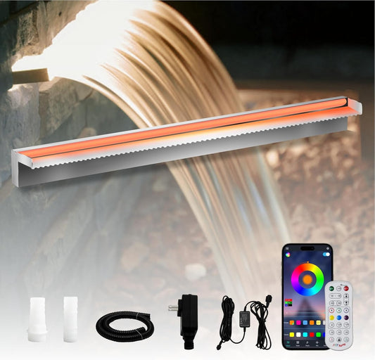 Pond Waterfall Spillway Stainless Steel Pool Fountain, APP Control LED Lighted Waterfalls Kit, Outdoor Water Flow Waterfalls Kit for Garden Patio Koi Pond Decoration-35.4"x7.8"x3.9"