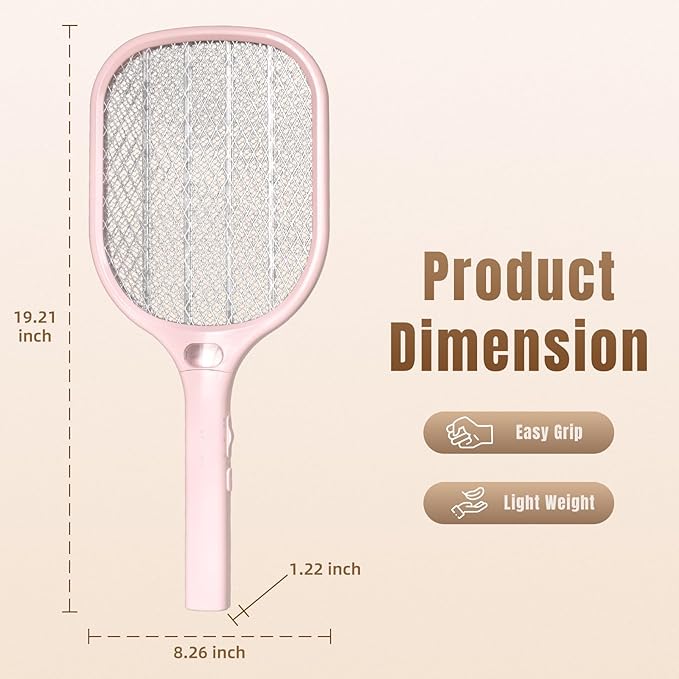 Electric Fly Swatter Racket 3000V Bug Zappers, Mosquito Zappers USB Rechargeable, 1200mAh Mosquitoes Killer Lamp & Fly Zappers with 3 Layer Safety Mesh for Home, Bedroom, Kitchen, Patio (2Pack-Pink)